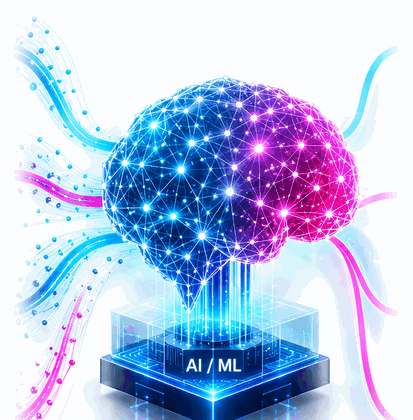 AI/ML model, shown as a neural-network brain on a chip, learning from simulation data
