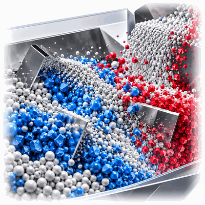 DEM simulation of blue, white and red particles mixing in a chute